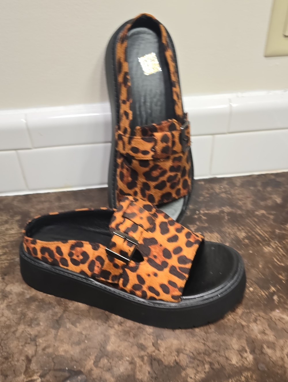 Leopard Print Slide Sandals - Bold Orange/Brown